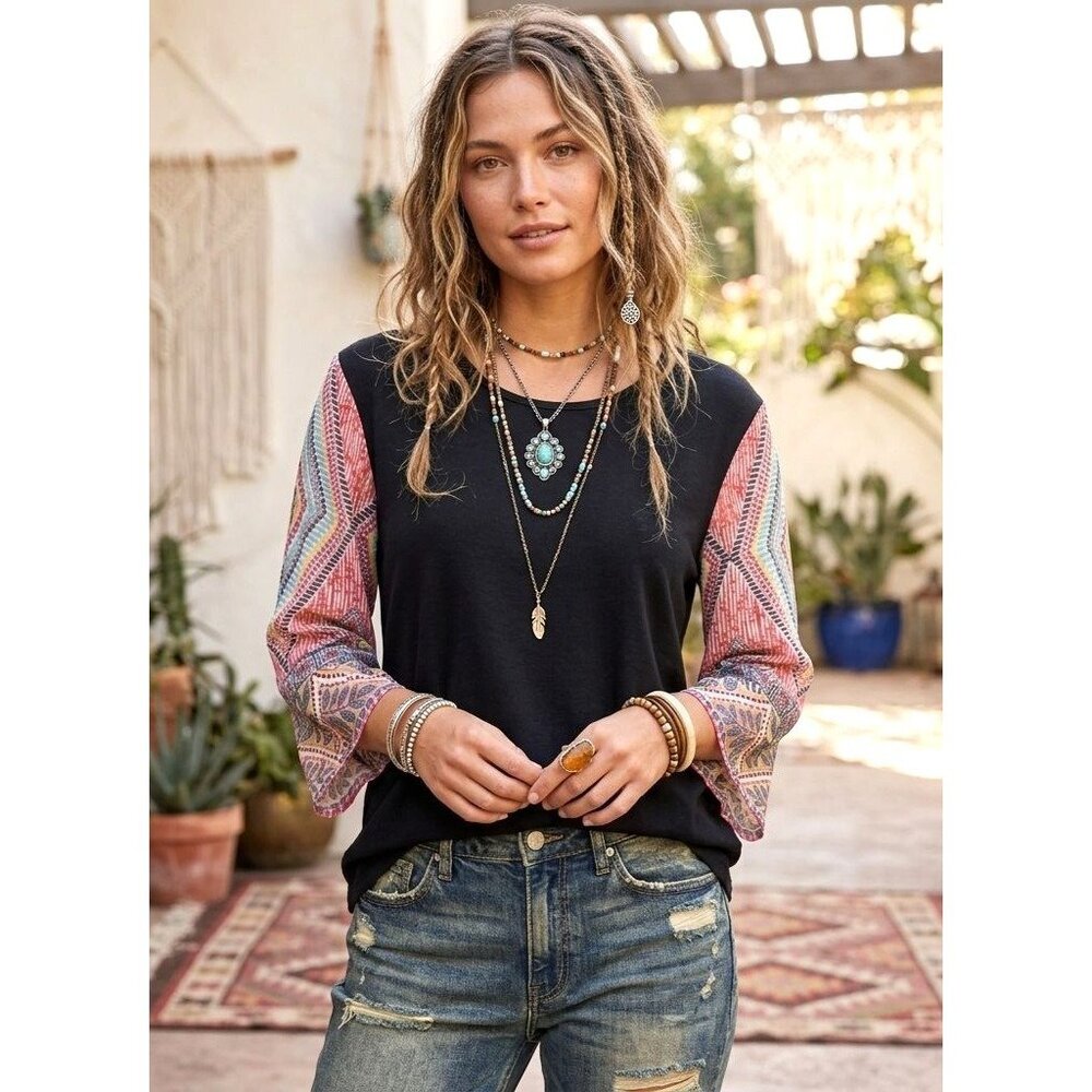 Johnny Was Calmé Scarf Sleeve Tee Biya Bamboo XS Silk Oversize Boho Festival